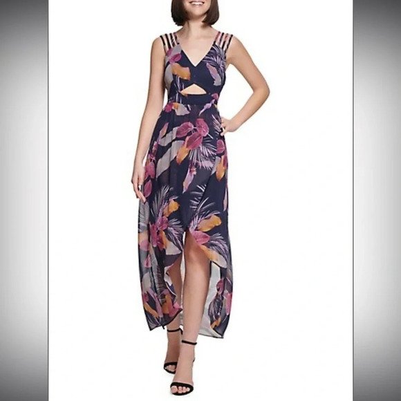 Guess Tropical Floral Navy Blue High Low Maxi Chiffon Maxi Dress Lined Sz 12 - Picture 1 of 12